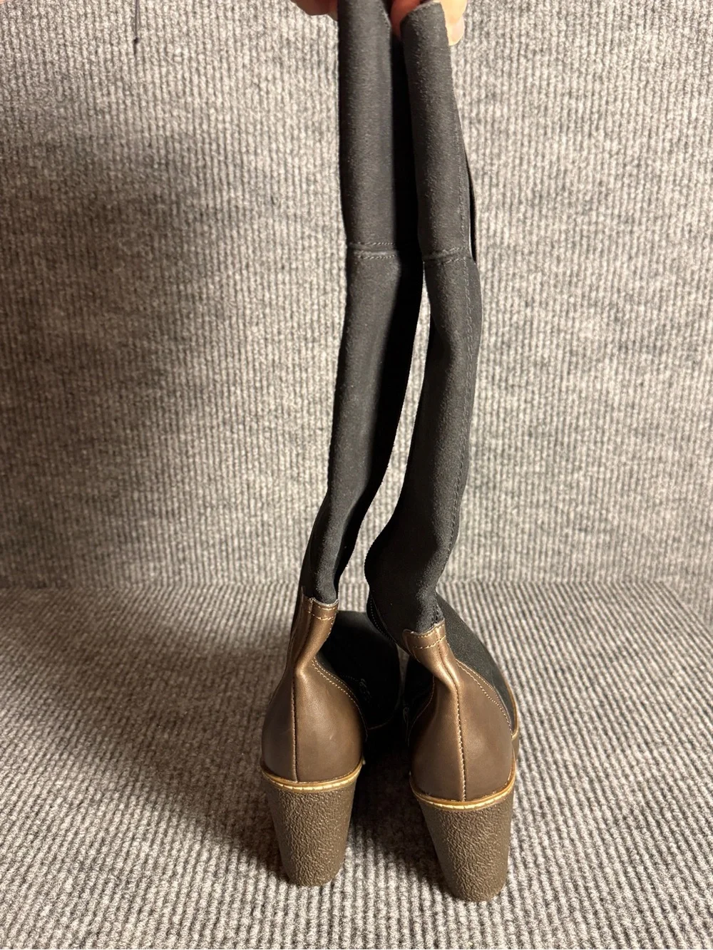 Route 66 Black Suede Knee High Wedge Boots Brown Trim Size 9